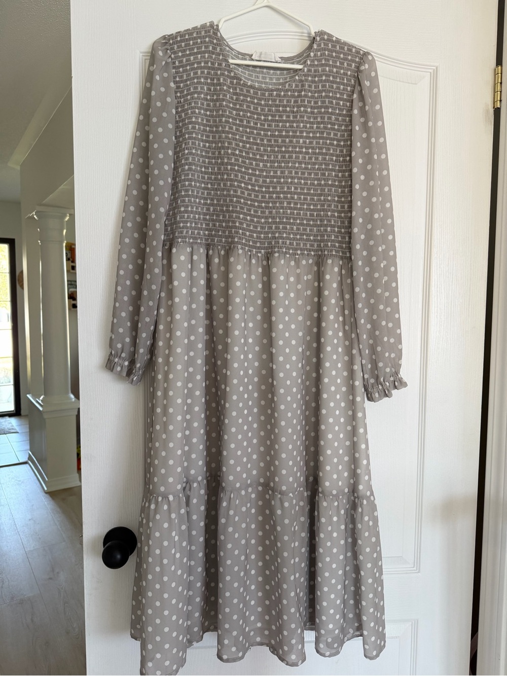 Smocked Polka Dot Maxi Dress in Taupe